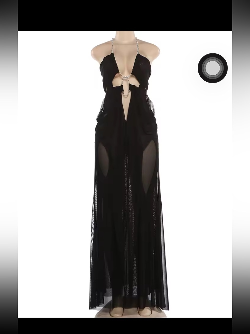 Black Sheer Tulle Halter Cutout Maxi Dress w/ Chain Detail